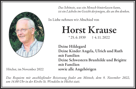 Traueranzeige von Horst Krause von Gelnhäuser Neue Zeitung