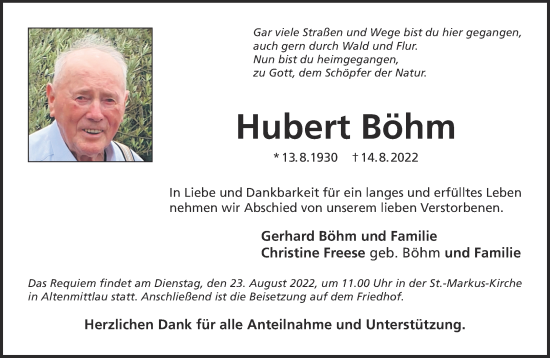 Traueranzeige von Hubert Böhm von Gelnhäuser Neue Zeitung