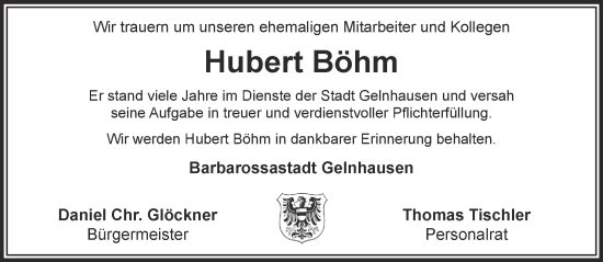 Traueranzeige von Hubert Böhm von Gelnhäuser Neue Zeitung