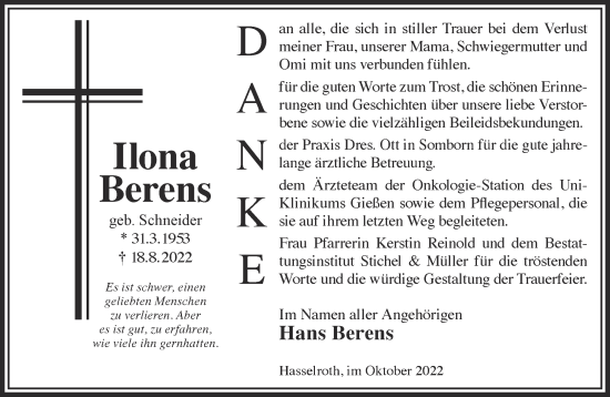 Traueranzeige von Ilona Berens von Gelnhäuser Neue Zeitung