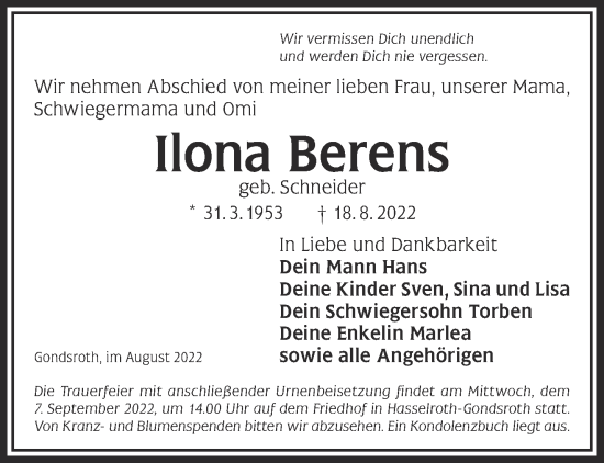 Traueranzeige von Ilona Berens von Mittelhessen-Bote