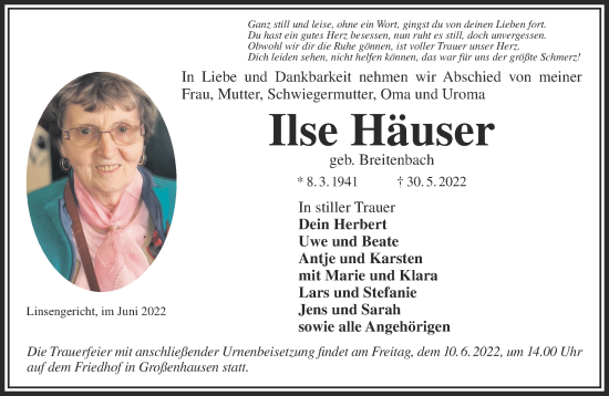 Traueranzeige von Ilse Häuser von Gelnhäuser Neue Zeitung