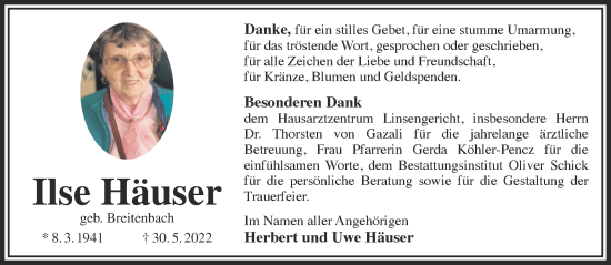 Traueranzeige von Ilse Häuser von Gelnhäuser Neue Zeitung