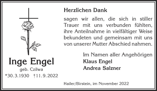 Traueranzeige von Inge Engel von Mittelhessen-Bote