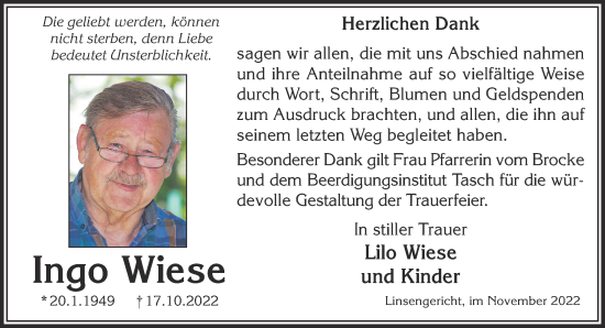 Traueranzeige von Ingo Wiese von Gelnhäuser Neue Zeitung