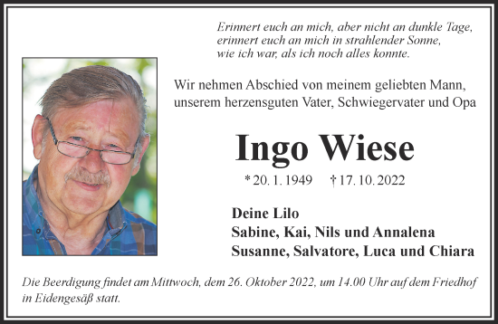 Traueranzeige von Ingo Wiese von Gelnhäuser Neue Zeitung