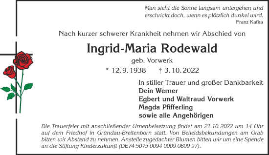 Traueranzeige von Ingrid-Maria Rodewald von Gelnhäuser Neue Zeitung