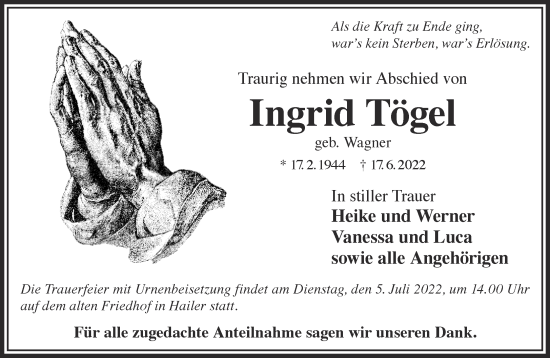 Traueranzeige von Ingrid Tögel von Gelnhäuser Neue Zeitung