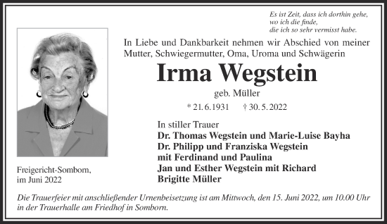 Traueranzeige von Irma Wegstein von Gelnhäuser Neue Zeitung