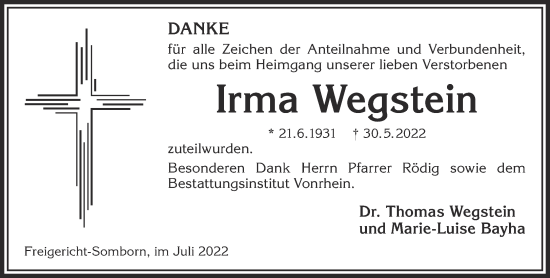 Traueranzeige von Irma Wegstein von Gelnhäuser Neue Zeitung