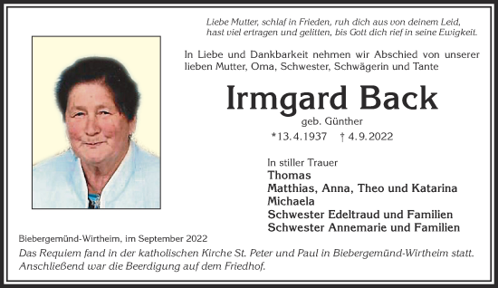 Traueranzeige von Irmgard Back von Mittelhessen-Bote