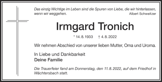 Traueranzeige von Irmgard Tronich von Mittelhessen-Bote