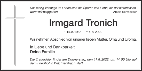 Traueranzeige von Irmgard Tronich von Gelnhäuser Neue Zeitung