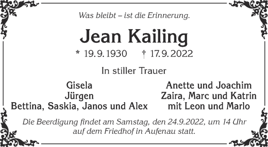 Traueranzeige von Jean Kailing von Gelnhäuser Neue Zeitung