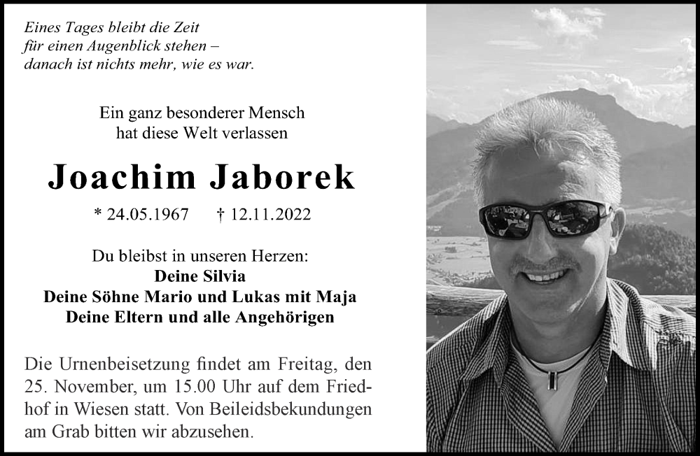  Traueranzeige für Joachim Jaborek vom 23.11.2022 aus Gelnhäuser Neue Zeitung