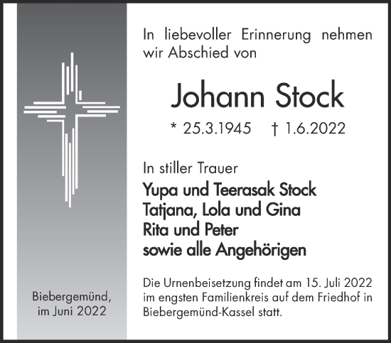 Traueranzeige von Johann Stock von Gelnhäuser Neue Zeitung