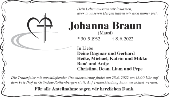 Traueranzeige von Johanna Braun von Gelnhäuser Neue Zeitung