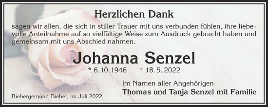 Traueranzeige von Johanna Senzel von Gelnhäuser Neue Zeitung