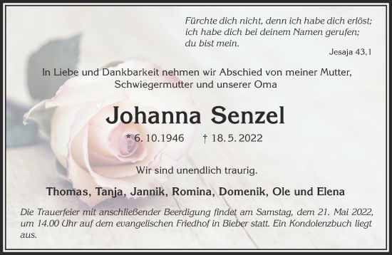 Traueranzeige von Johanna Senzel von Gelnhäuser Neue Zeitung