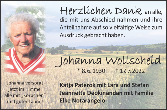 Traueranzeige von Johanna Wollscheid von Gelnhäuser Neue Zeitung