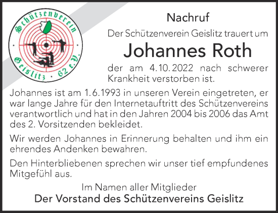 Traueranzeige von Johannes Roth von Gelnhäuser Neue Zeitung