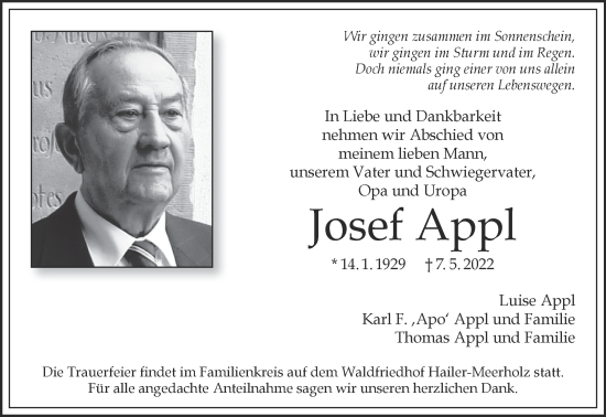 Traueranzeige von Josef Appl von Gelnhäuser Neue Zeitung