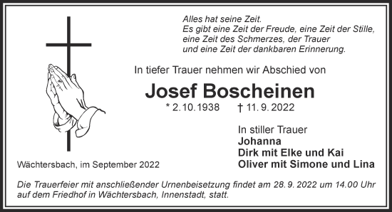 Traueranzeige von Josef Boscheinen von Gelnhäuser Neue Zeitung