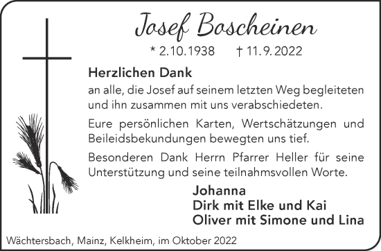 Traueranzeige von Josef Boscheinen von Gelnhäuser Neue Zeitung