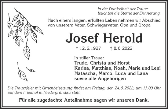 Traueranzeige von Josef Herold von Mittelhessen-Bote