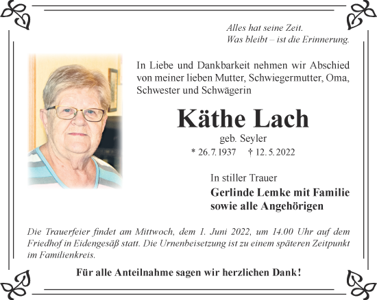 Traueranzeige von Käthe Lach von Gelnhäuser Neue Zeitung