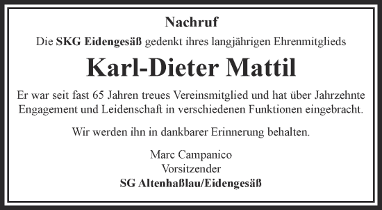 Traueranzeige von Karl-Dieter Mattil von Gelnhäuser Neue Zeitung