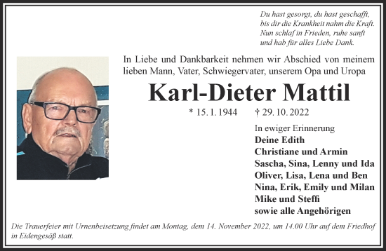 Traueranzeige von Karl-Dieter Mattil von Gelnhäuser Neue Zeitung