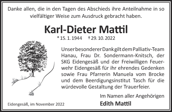 Traueranzeige von Karl-Dieter Mattil von Gelnhäuser Neue Zeitung