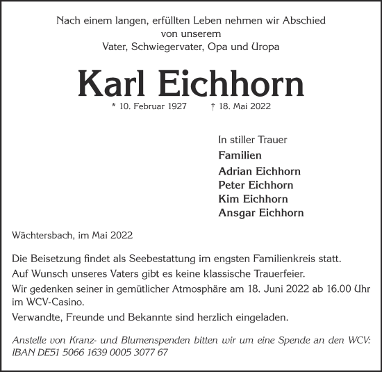 Traueranzeige von Karl Eichhorn von Gelnhäuser Neue Zeitung