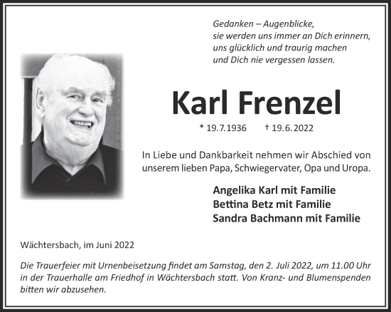 Traueranzeige von Karl Frenzel von Gelnhäuser Neue Zeitung