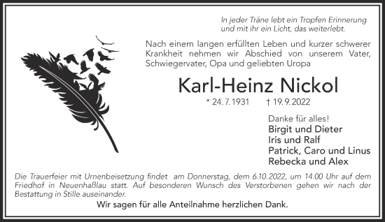 Traueranzeige von Karl-Heinz Nickol von Gelnhäuser Neue Zeitung