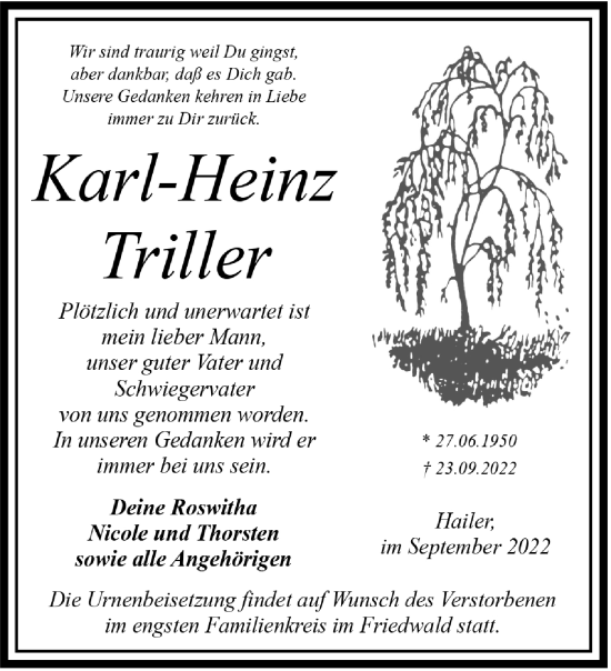 Traueranzeige von Karl-Heinz Triller von Gelnhäuser Neue Zeitung