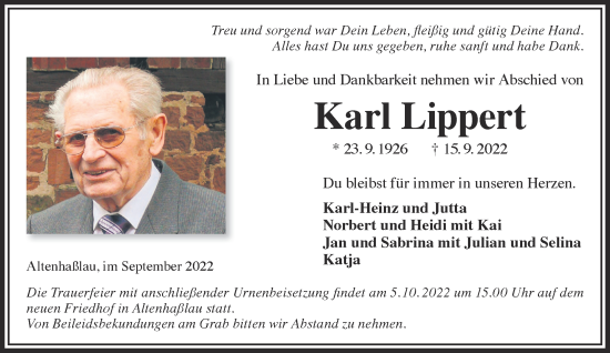 Traueranzeige von Karl Lippert von Gelnhäuser Neue Zeitung