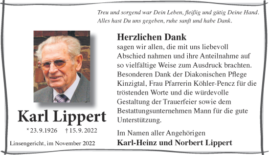 Traueranzeige von Karl Lippert von Gelnhäuser Neue Zeitung