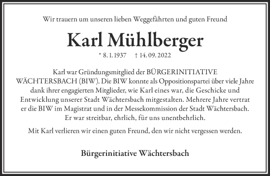 Traueranzeige von Karl Mühlberger von Gelnhäuser Neue Zeitung