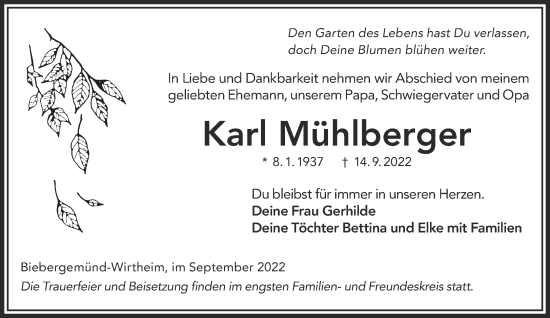 Traueranzeige von Karl Mühlberger von Gelnhäuser Neue Zeitung