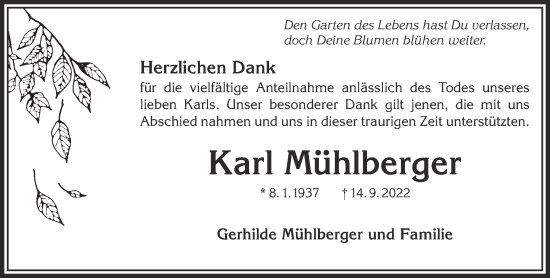 Traueranzeige von Karl Mühlberger von Gelnhäuser Neue Zeitung