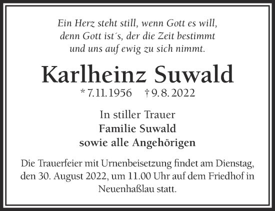 Traueranzeige von Karlheinz Suwald von Mittelhessen-Bote