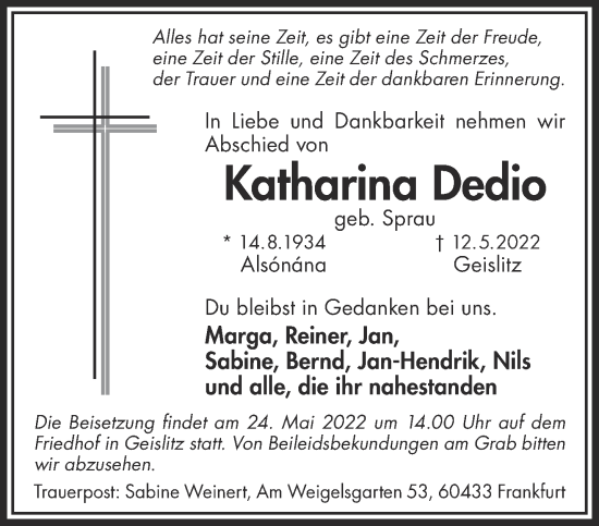 Traueranzeige von Katharina Dedio von Gelnhäuser Neue Zeitung