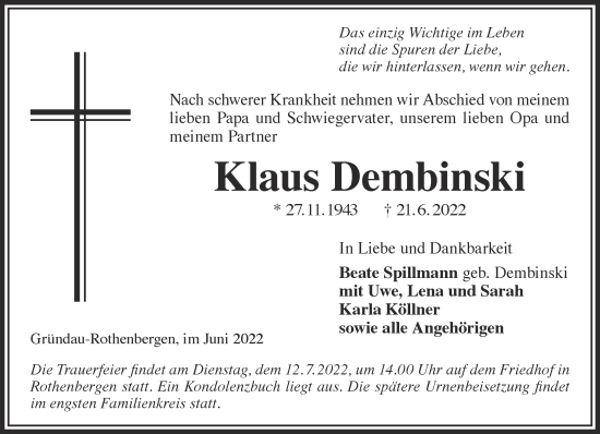 Traueranzeige von Klaus Dembinski von Gelnhäuser Neue Zeitung