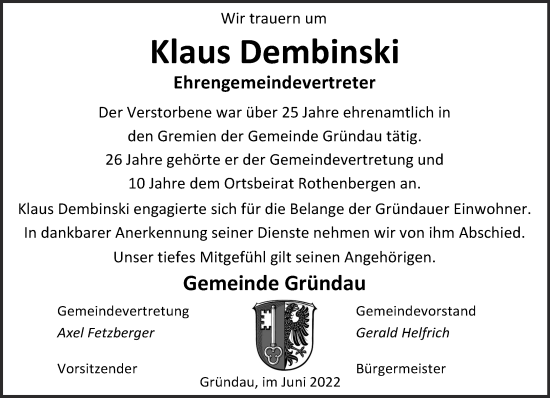 Traueranzeige von Klaus Dembinski von Gelnhäuser Neue Zeitung