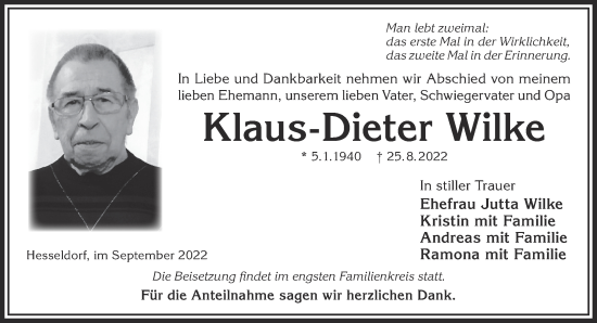 Traueranzeige von Klaus-Dieter Wilke von Gelnhäuser Neue Zeitung