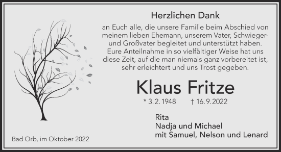 Traueranzeige von Klaus Fritze von Gelnhäuser Neue Zeitung