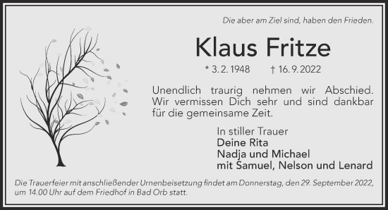 Traueranzeige von Klaus Fritze von Gelnhäuser Neue Zeitung