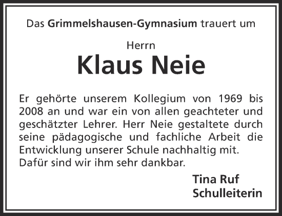 Traueranzeige von Klaus Neie von Gelnhäuser Neue Zeitung